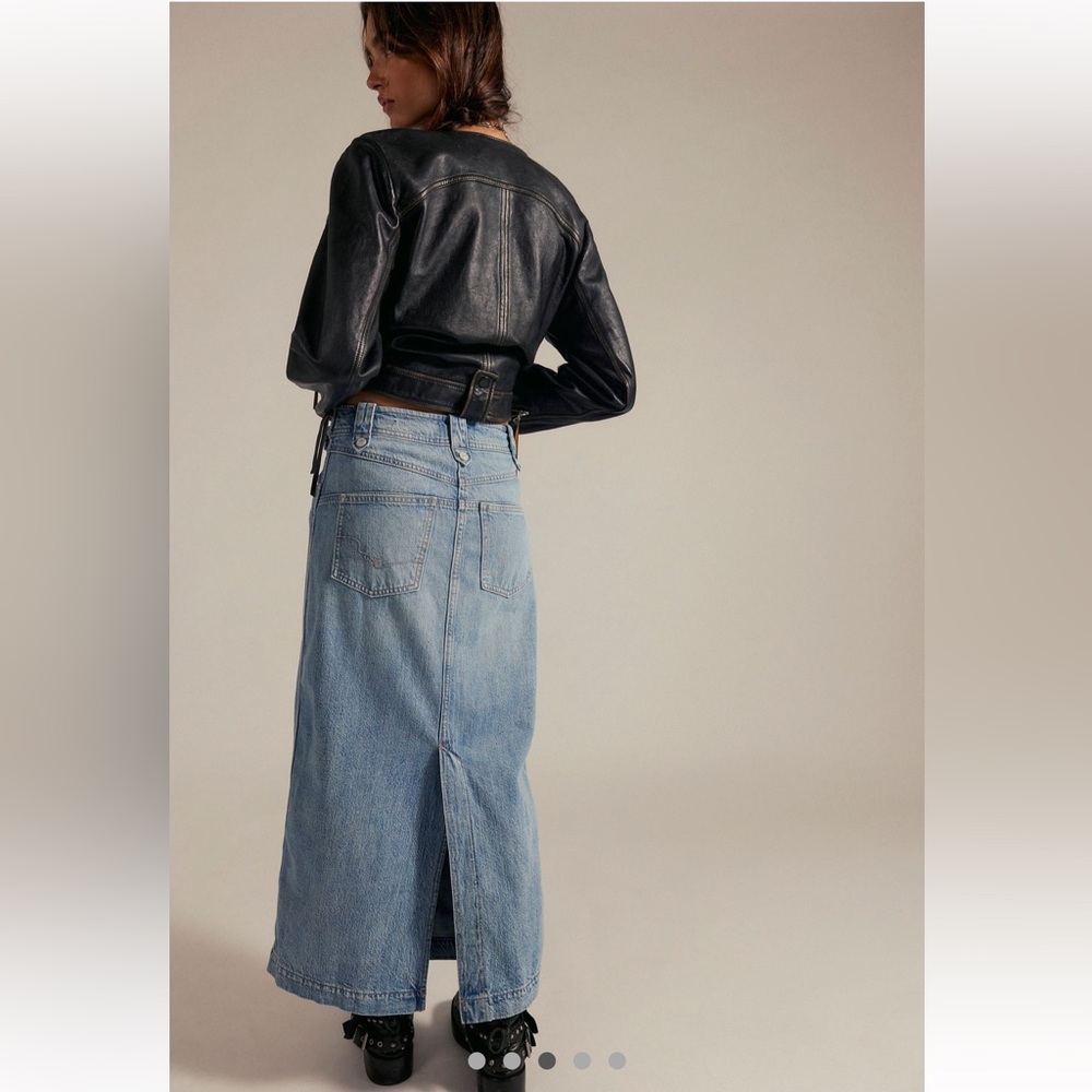 Free People Astoria Denim Maxi Skirt We The Free Belt Adjustable Dark Blue - Picture 5 of 9